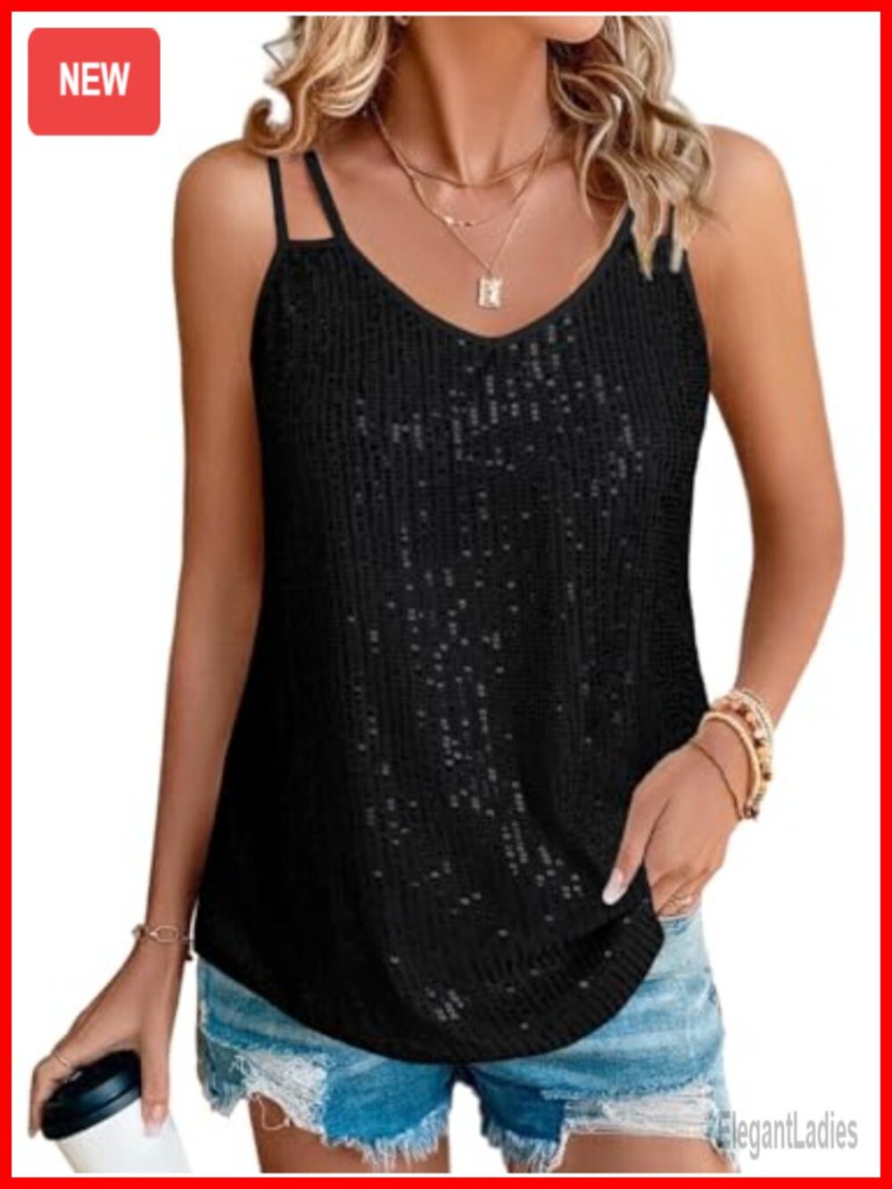 Sequin Tank Top V Neck Sleeveless Sparkly Party Club Top
